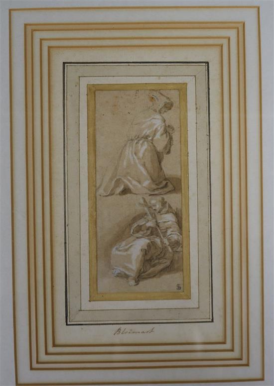 Abraham Bloemaert (1564-1651), ink and wash, Praying nun and a monk, collectors stamp for Thomas Stothard 13 x 5.5cm